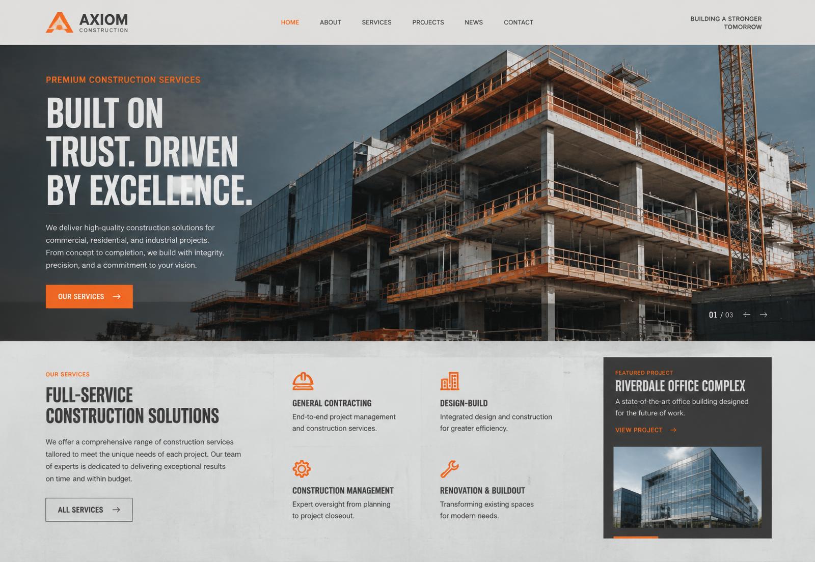 Axiom Construction concept website homepage design