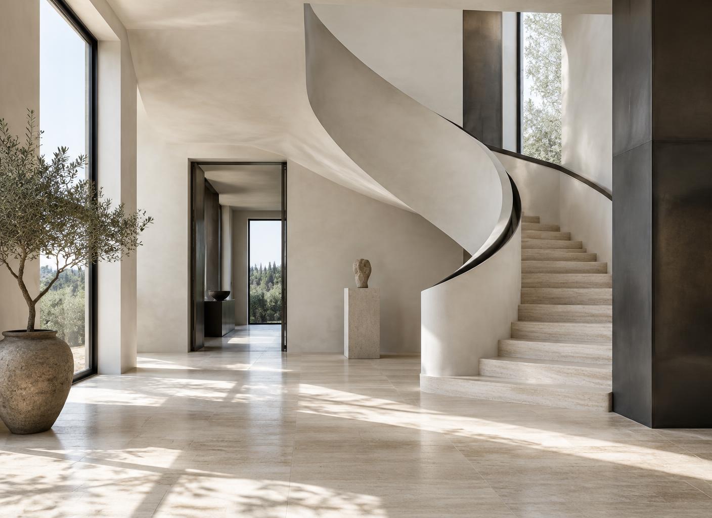 Sculptural stone staircase in a sunlit architectural interior
